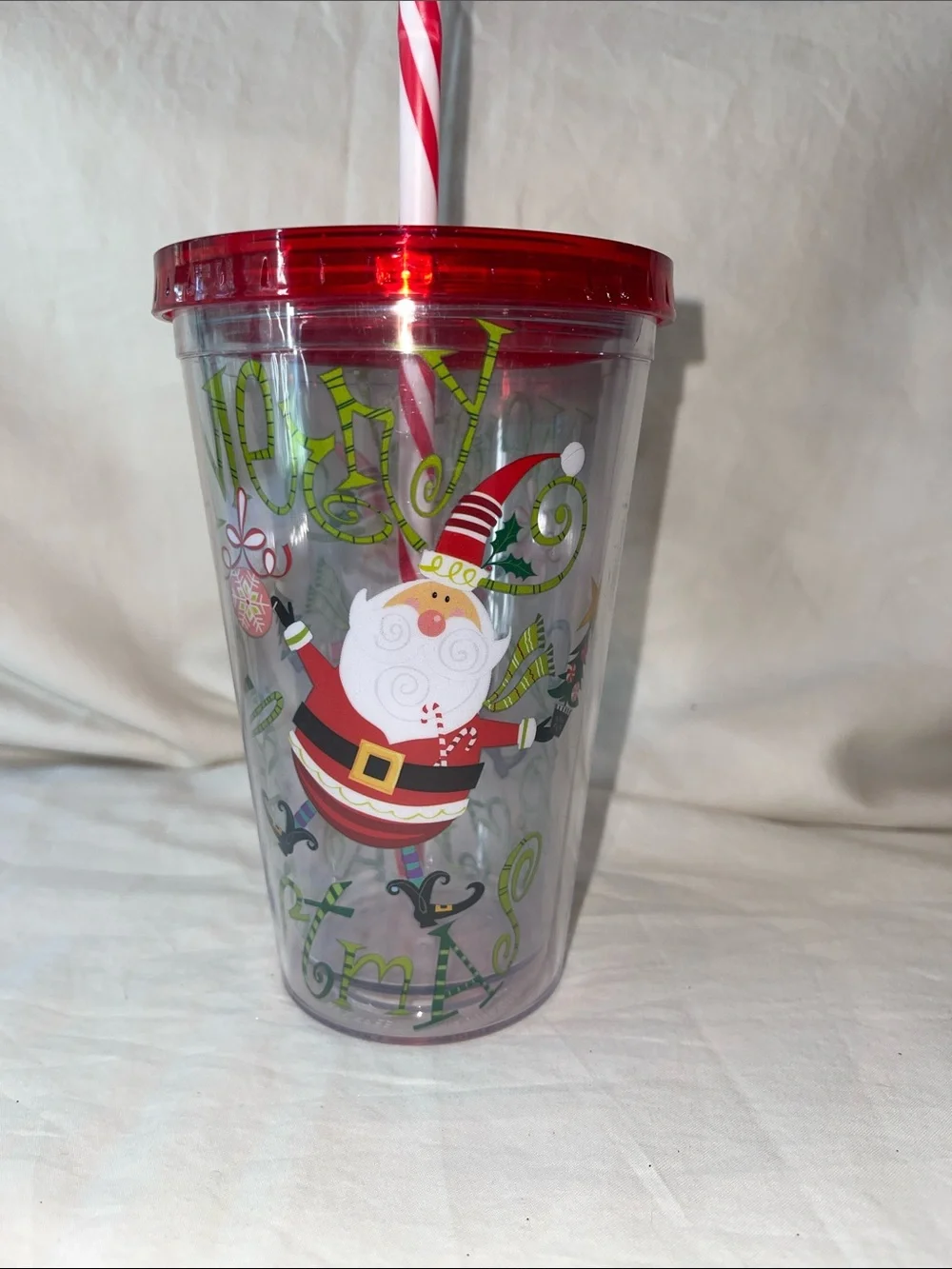 16 oz Festive Red Santa Holiday Tumbler with Candy cane stripe Straw